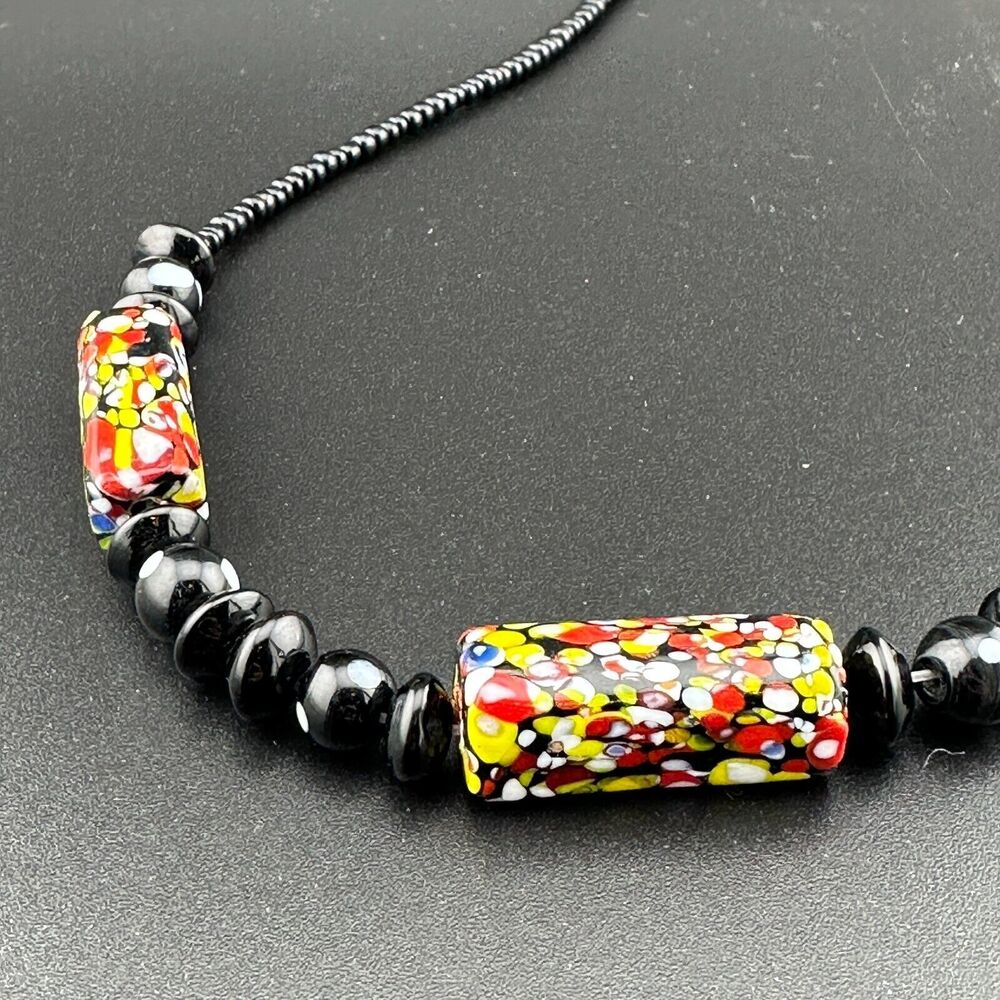 Vintage Black Multicolor Speckled Art Glass Beads Necklace Chunky 21"